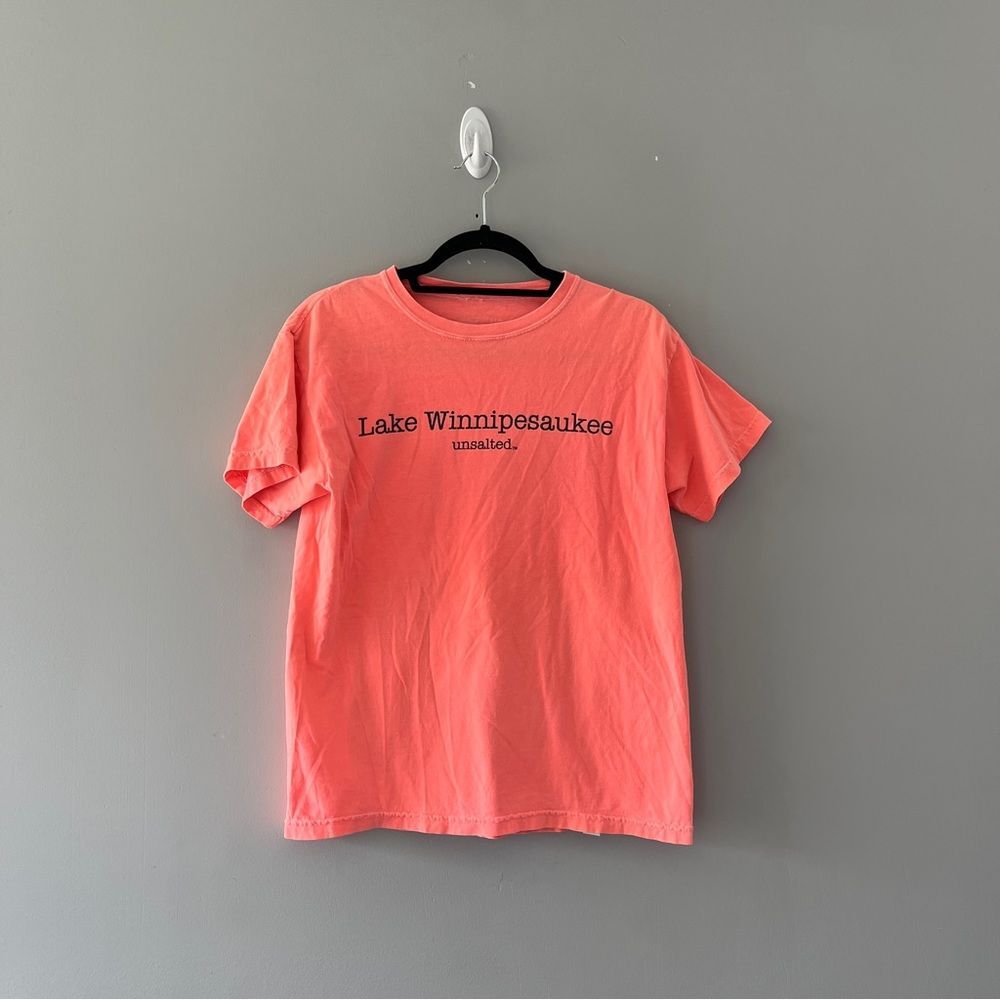 Bright Pink Lake Winnipesaukee No Sharks Tshirt Short Sleeve Crew Neck